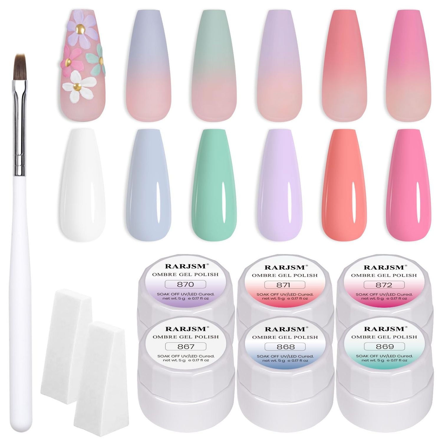 RARJSM 6Pcs Ombre Gel Polish Set with 2Pcs Sponges and 1Pcs Nail Brush Soak Off UV Pastel Gel Nail Polish Colors Sponging Gel Gradient Painting Gel for DIY French Manicure Nail Art Salon at Home