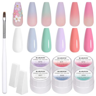 RARJSM 6Pcs Ombre Gel Polish Set with 2Pcs Sponges and 1Pcs Nail Brush Soak Off UV Pastel Gel Nail Polish Colors Sponging Gel Gradient Painting Gel for DIY French Manicure Nail Art Salon at Home