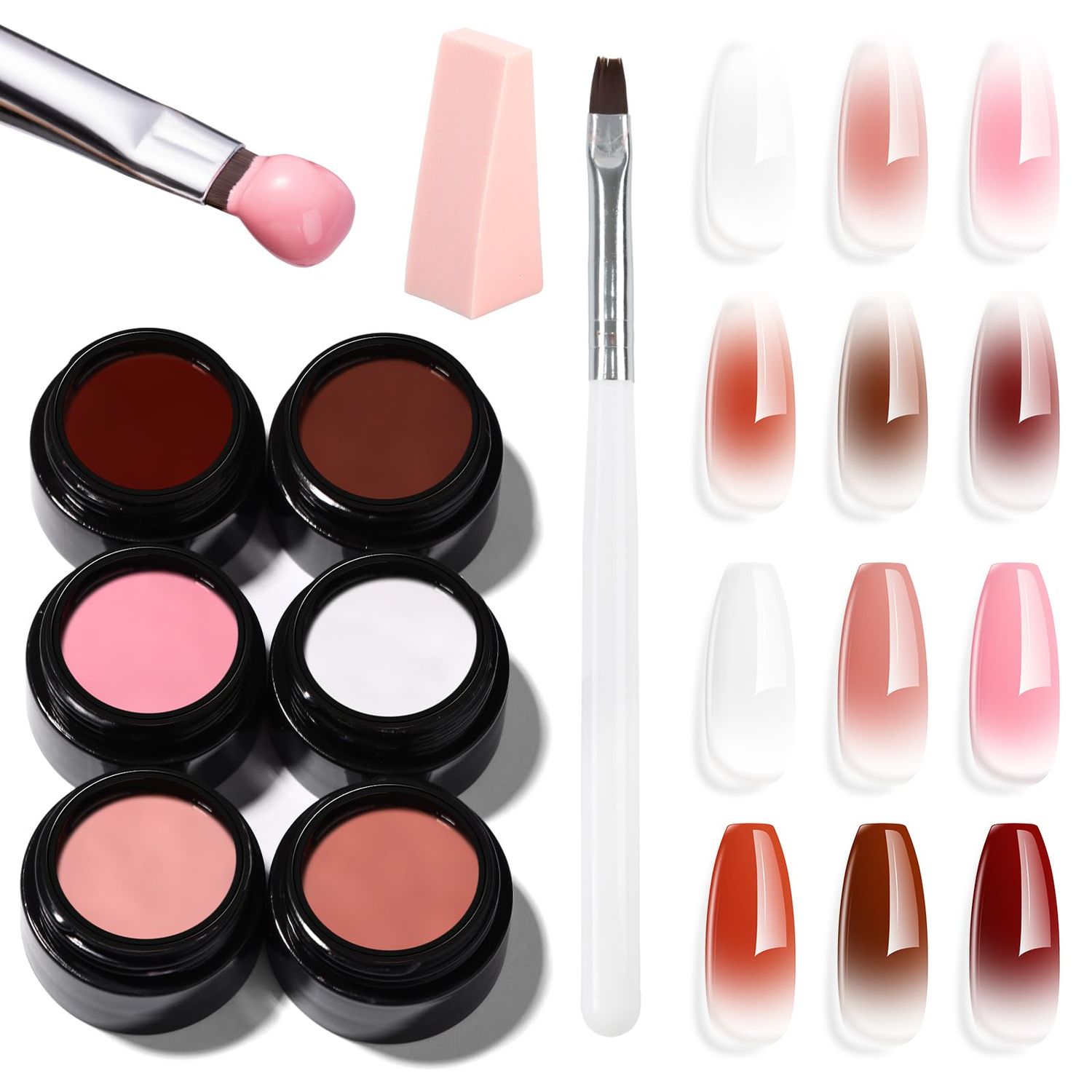 Makartt Ombre Gel Nail Polish Kit - 6 Colors Gradient Blush Effect, Upgrade Pat Painting Gel with Nail Sponge &amp; Drawing Brush for Ombre Winter Manicure White Pink Brown Nude