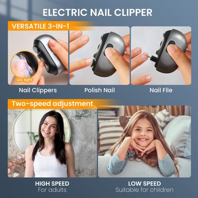 Electric Nail Clipper: 3-in-1 Automatic Fingernail Trimmer, Polisher &amp; Clip Storage with LED Light, USB Rechargeable &amp; 2 Speed Gears Automatic Safety Nails Cutter for Baby Kids Adult Seniors (Grey)