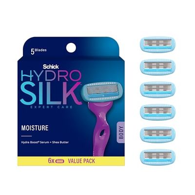 Schick Hydro Silk Moisture Razor Blade Refills, 6 Count | 5-Blade Moisturizing Razors for Women | Womens Moisturizing Razor Refills