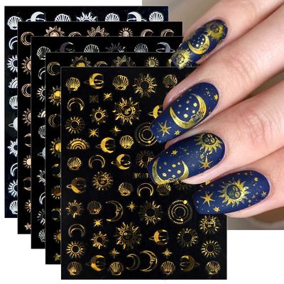 JMEOWIO 10 Sheets Moon Star Sun Nail Art Stickers Decals Self-Adhesive Pegatinas Uas Colorful Rose Gold Nail Supplies Nail Art Design Decoration Accessories