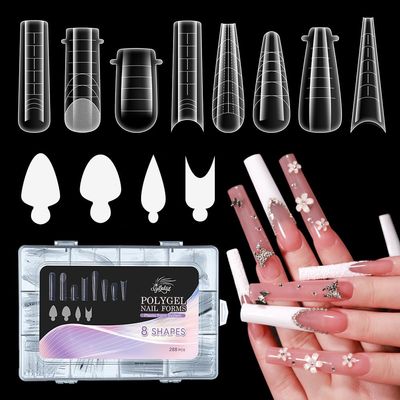 GELLAKTIK Nail Dual Forms for Poly Gel, 288PCS French Nail Forms, 8 Shapes, 12 Sizes Clear Poly Gel Nail Molds for DIY Nail Extension Kit for Salon-Quality Manicures at Home
