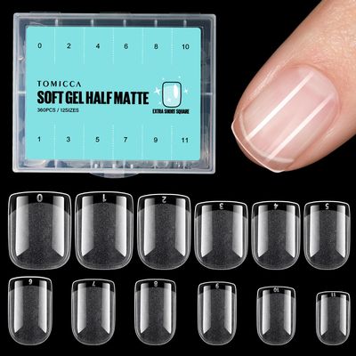 TOMICCA Extra Short Square Nail Tips, 360Pcs Acrylic Gel Tips, 12 Sizes Half Matte Gel Nail Tips, Nail Extension Tips for Beginner and Professional