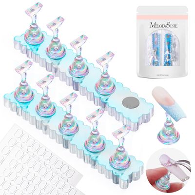 MelodySusie Nail Stand for Press Ons, 2 Sets Blue Acrylic Magnetic Base for Painting Display Holder with Reusable Adhesive Putty for Home DIY Salon Supplies