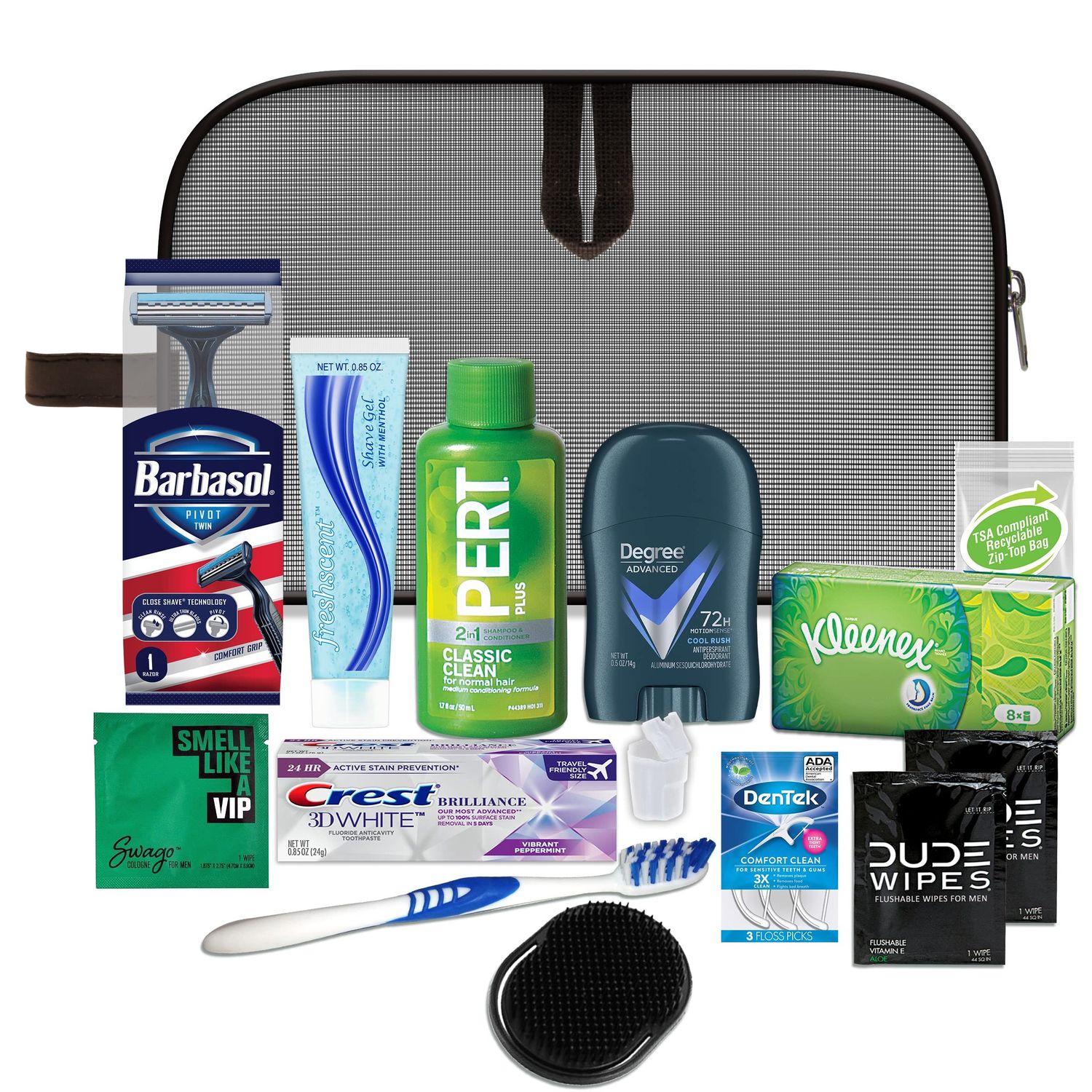 Convenience Kits International Mens Premium 15-Piece Assembled Travel Kit Featuring: Gillette and Barbasol Shave Products