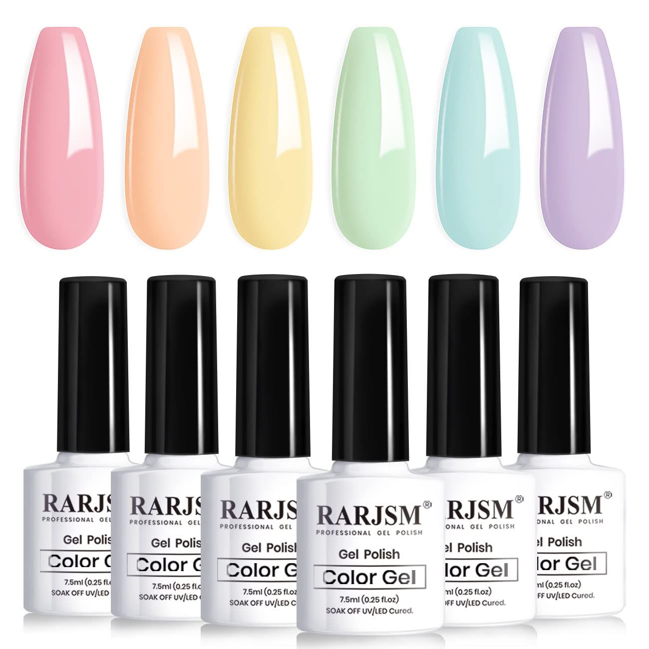 RARJSM Gel Nail Polish Set 6Pcs Pastel Gel Polish Rainbow Colors Kit Soak off UV Spring Summer Ice Cream Varnish Nail Art Salon Manicure at Home(Pink Orange Yellow Green Blue Purple)