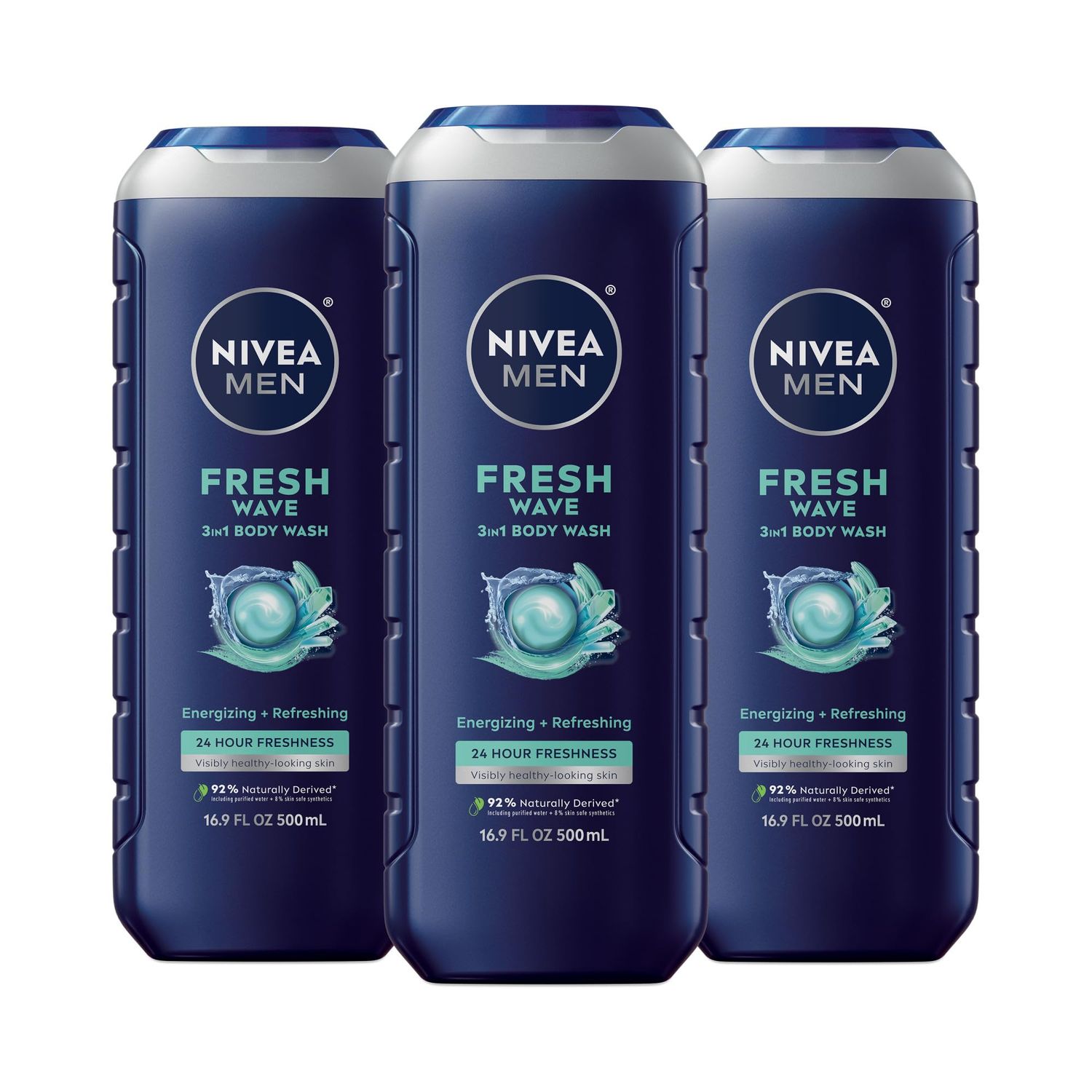 NIVEA Men Fresh Wave Body Wash with Menthol, Refreshing Scent, 3-in-1 Mens Body Wash, Face and Hair, Paraben Free, Vegan Formula, 16.9 Fl Oz Bottle, Pack of 3
