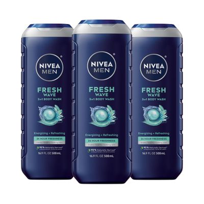 NIVEA Men Fresh Wave Body Wash with Menthol, Refreshing Scent, 3-in-1 Mens Body Wash, Face and Hair, Paraben Free, Vegan Formula, 16.9 Fl Oz Bottle, Pack of 3