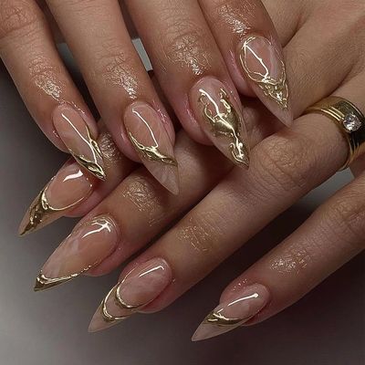 ROFIBUT Almond Press on Nails Medium Length Fake Nails with 3D Gold Line Designs Glossy Irregular Metal Lines False Nails Marble Acrylic Artificial Nails Reusable Glue on Nails for Women Girls 24Pcs