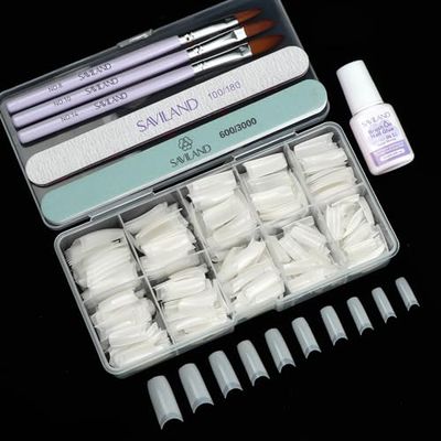 SAVILAND Acrylic Nail Tips with Acrylic Nail Brush: Strong Nail Glue and 10 Sizes Half Cover French Nails Tips Manicure Brush Size 8/10/14 with Box Art At Home DIY