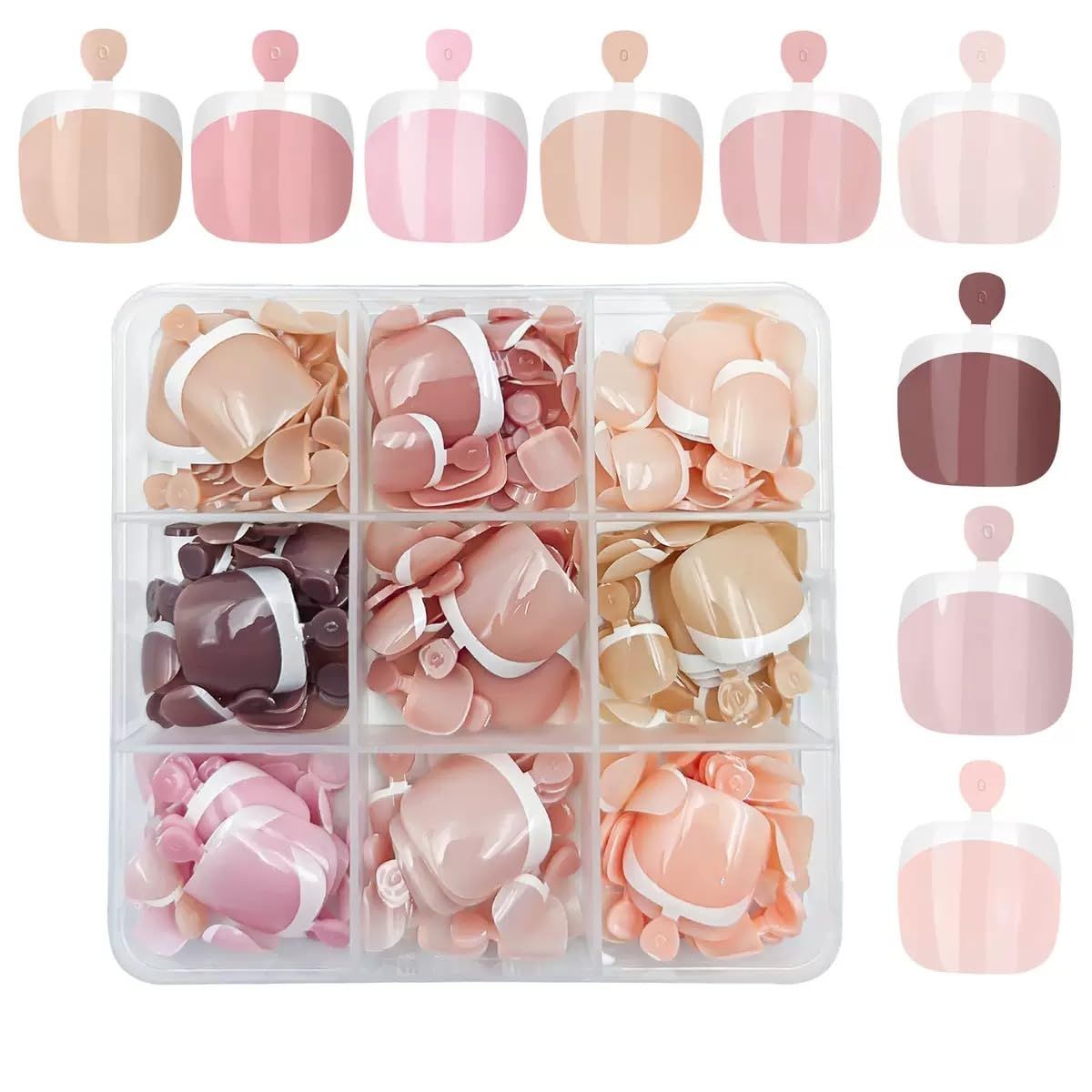 216Pcs French Tip Press on Toenails Mix Color Fake Toenails White French Press on Toe Nails Summer Acrylic Toenails Kit Short Square Glue on Toe Nails for Women Girls