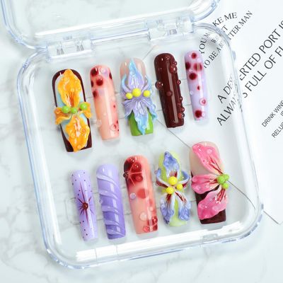 Flower Press on Nails Handmade Long Coffin Muti-Layer Gel Fake Nails Gradient Floral 3D Waterdrop Pattern Design Spring Summer Multicolor Thick False Nails French Tip Acrylic Nails for Women (Size M)