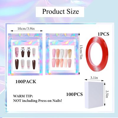 100PCS Press on Nail Packaging Bag and 100PCS White Cardboard Tips Packaging Bags Empty Holographic Storage Bags With 1 Roll Transparent Tape for Press on Business (Laser, Small)