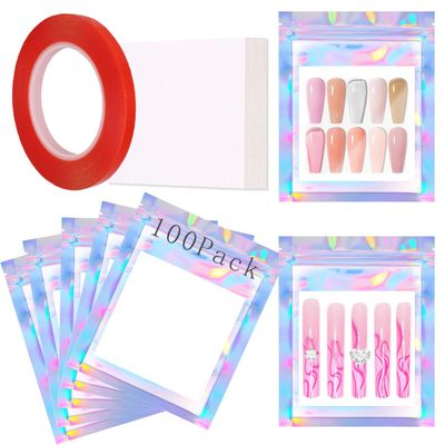 100PCS Press on Nail Packaging Bag and 100PCS White Cardboard Tips Packaging Bags Empty Holographic Storage Bags With 1 Roll Transparent Tape for Press on Business (Laser, Small)
