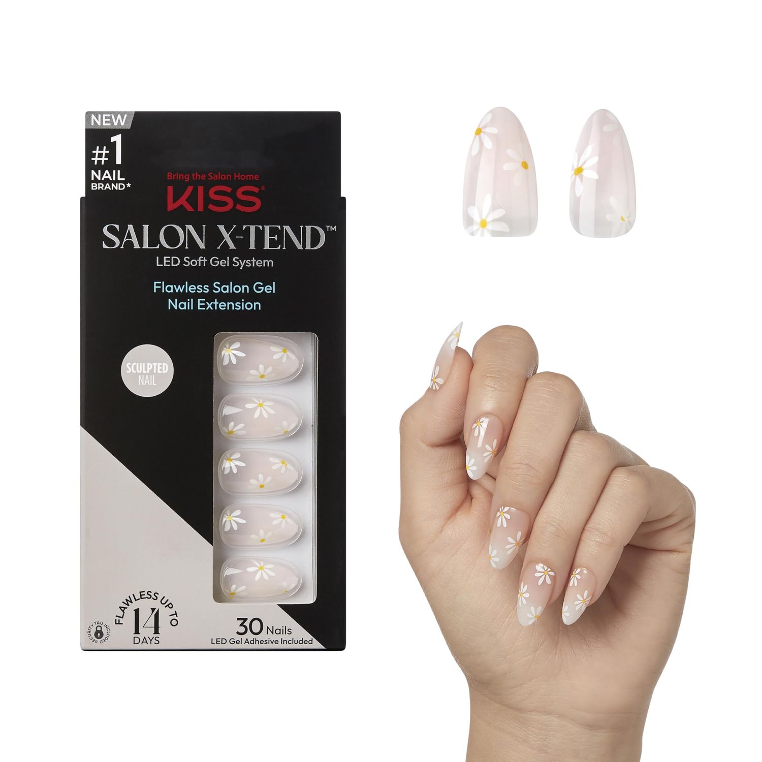 KISS Salon X-tend, Press-On Nails, Nail glue included, Red Flags, Light Pink, Medium Size, Almond Shape, Includes 30 Nails, 5Ml Led Soft Gel Adhesive, 1 Manicure Stick, 1 New Mini File, New Prep Pad