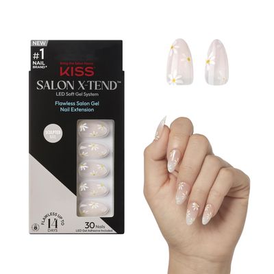 KISS Salon X-tend, Press-On Nails, Nail glue included, Red Flags, Light Pink, Medium Size, Almond Shape, Includes 30 Nails, 5Ml Led Soft Gel Adhesive, 1 Manicure Stick, 1 New Mini File, New Prep Pad