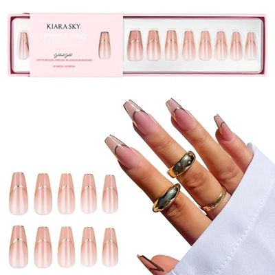 Kiara Sky Press On Nails | XPRESS PRO 100 Acrylic Nails | 30-Piece Kit Includes Nail Glue, Cuticle Pusher, File &amp; Prep Pad | Medium Coffin - Gilded Gold