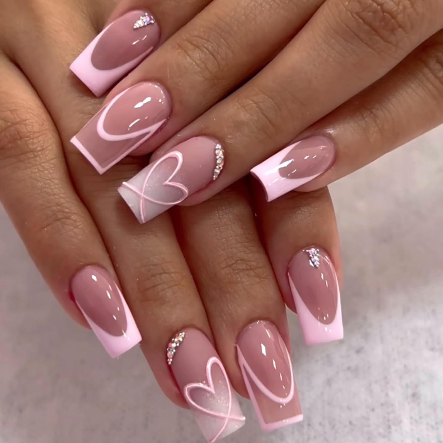 24Pcs French Tip Press on Nails Short Square Fake Nails Pink Heart French Lines with Rhinestones Glitter Full Cover Tip Glue on Nails designs Cute False Nails for Women Acrylic Manicure Accessories