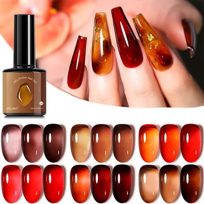 YJLYQF Jelly Amber Gel Polish Set - 6 Translucent Nude Gel Nail Polish, Sheer Tortoise, Red Coral, Burnt Orange, Grey, Amber, Brown - Soak Off UV LED Manicure Art Kit For DIY Home