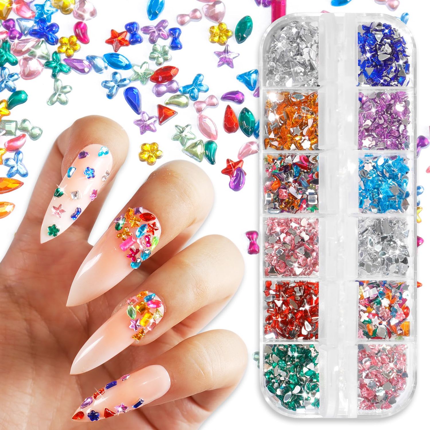 Allstarry Nail Gems, 2500PCS Colorful Rhinestones for Nails, Muliti-Shape Nail Charms and Gems 2-5mm Nail Rhinestones for Bedazzling Gems Jewels for Nails Gem Small Nail Art Charms Nail Supplies