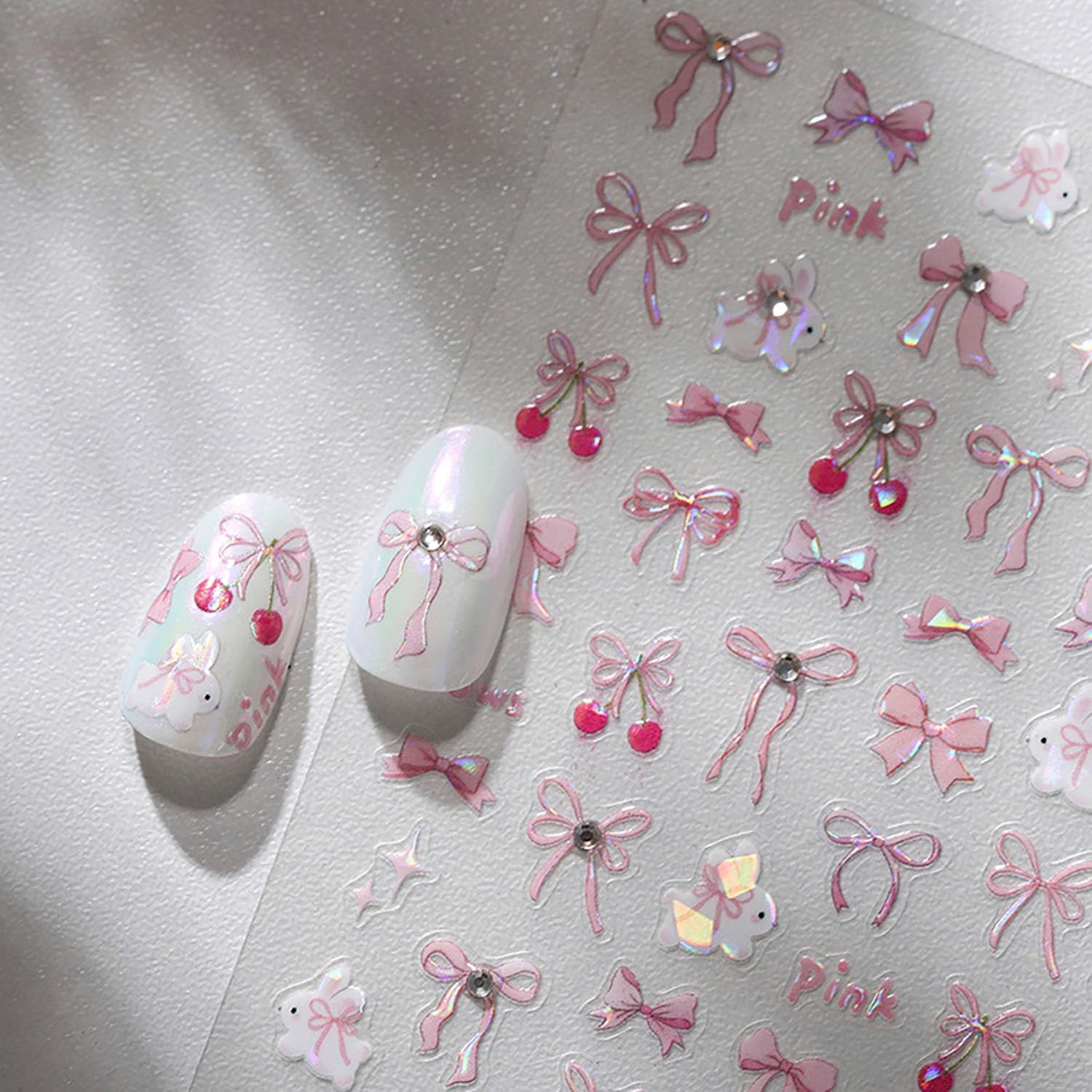Bow Nail Art Stickers 3D Self-Adhesive Glitter Pink Bows Nail Art Designs Decals Cute Bow Nails Sticker Acrylic DIY Decoration Supplies Charms for Women and Girls