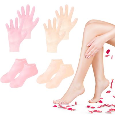 TEAWOO 4 Pairs Silicone Socks Gloves Set for Dry Cracked Feet and Hands, Silicone Foot Socks for Women, Moisturizing Feet