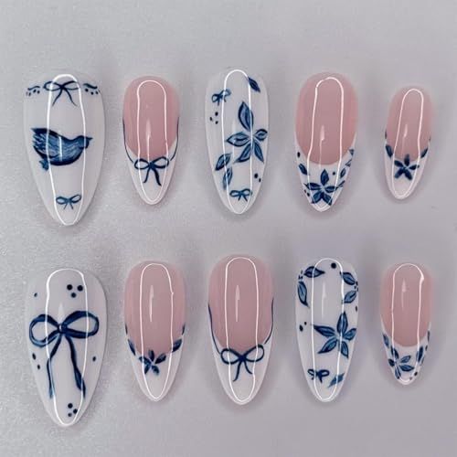 White French tips Press on Nails Medium Almond Fake Nails with Blue Leaf Design Flower Glue on Nails Spring Nails Press On Full Cover Glossy Reusable Summer False Nails For Women Manicure 24pcs