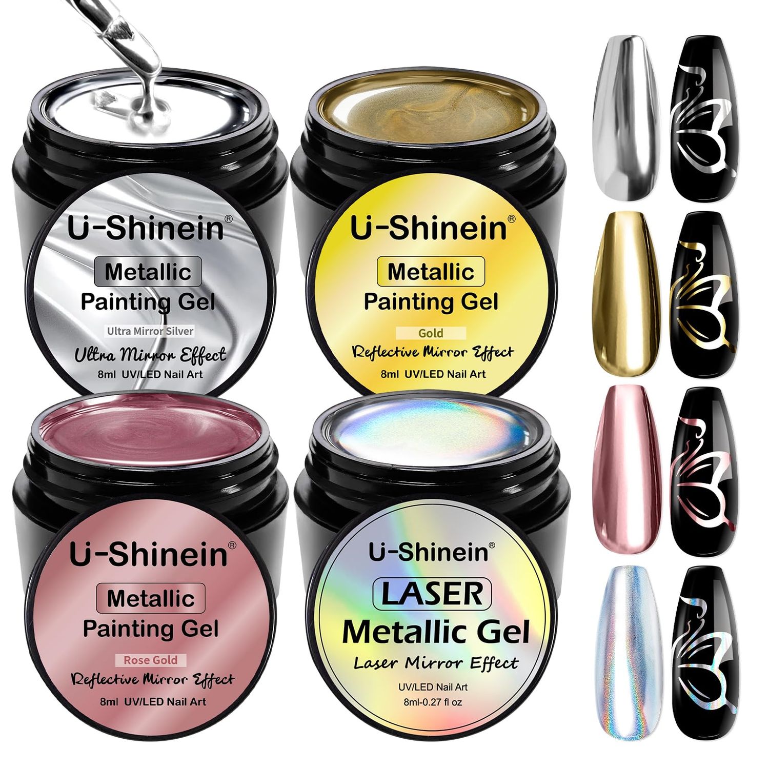 U-Shinein 4x8ml Metallic Painting Gel, Super silver gold laser rose gold mirror, 3D Metal Painting Gel Drawing Mirror Nail Gel Polish High Gloss Long-lasting Soak Off UV/LED DIY Nail Art Design