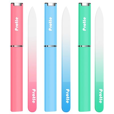 Nail File Glass for Natural Nails3Pack Double Sided Crystal Nail Filer with Case,Professional Czech Glass Fil Etched Gentle Nail Care Stocking Stuffers for Women or Adults, Unique Gifts(Light Color)