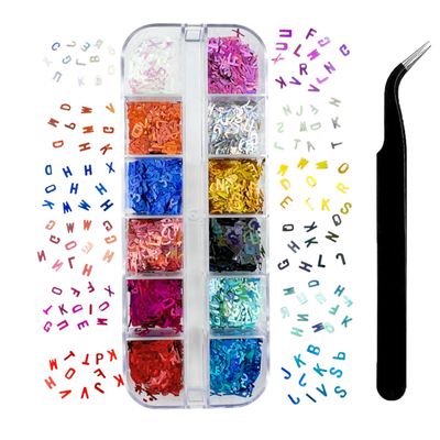 12 Colors Letter Nail Glitter Sequins 3D Holographic Alphabet Nail Flakes Designs, Letters Nail Art Sequins Supplies for Women Girls Acrylic Nails Manicure Charms Decorations DIY Shiny Letter Resin