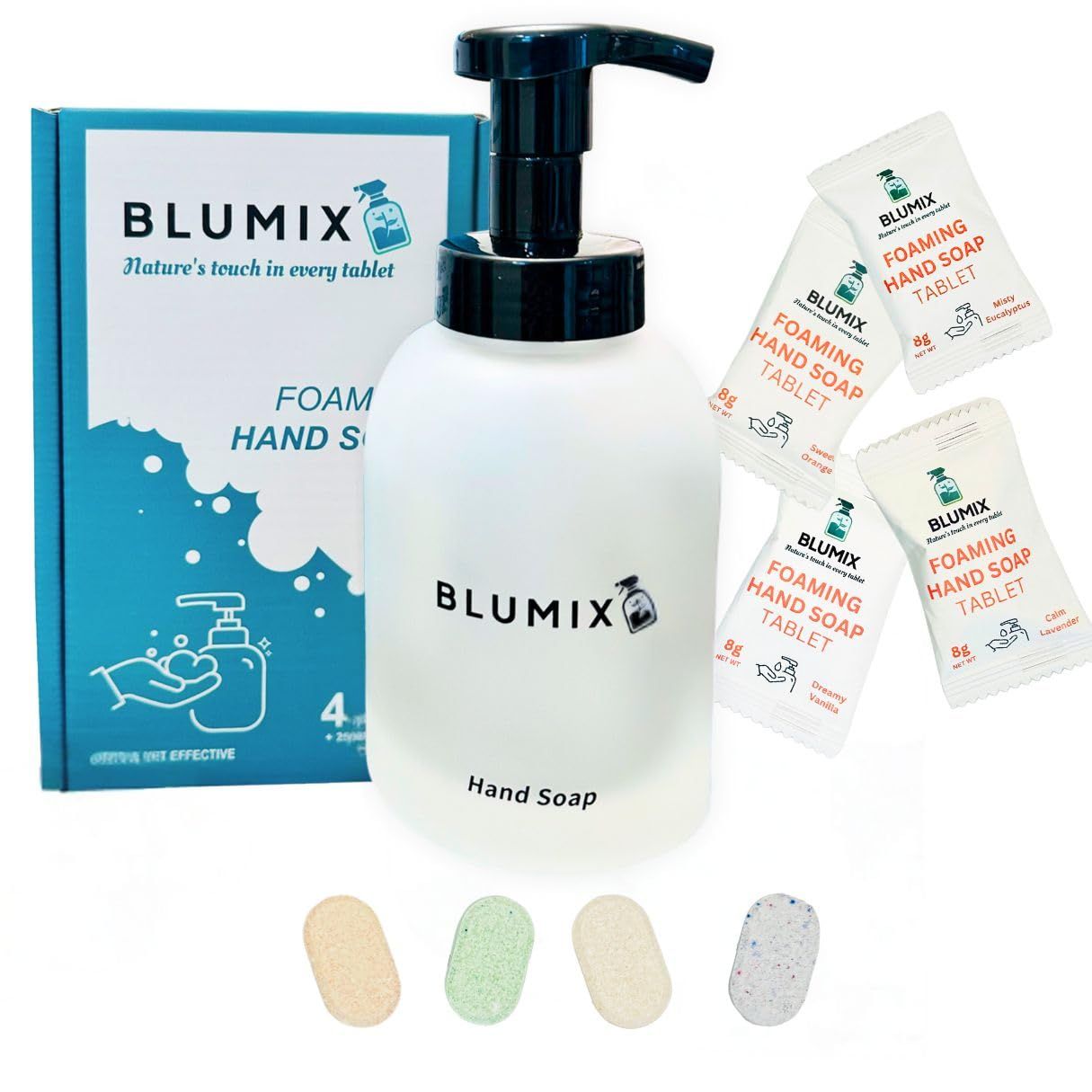 Blumix Foaming Hand Soap Set - Reusable Glass Foam Pump Dispenser 4 Fragrant Foaming Soap Tablets - Non-Toxic, Vegan, Skin-Friendly Formula - Zero Waste Cleaning Products, Mothers Day Gift