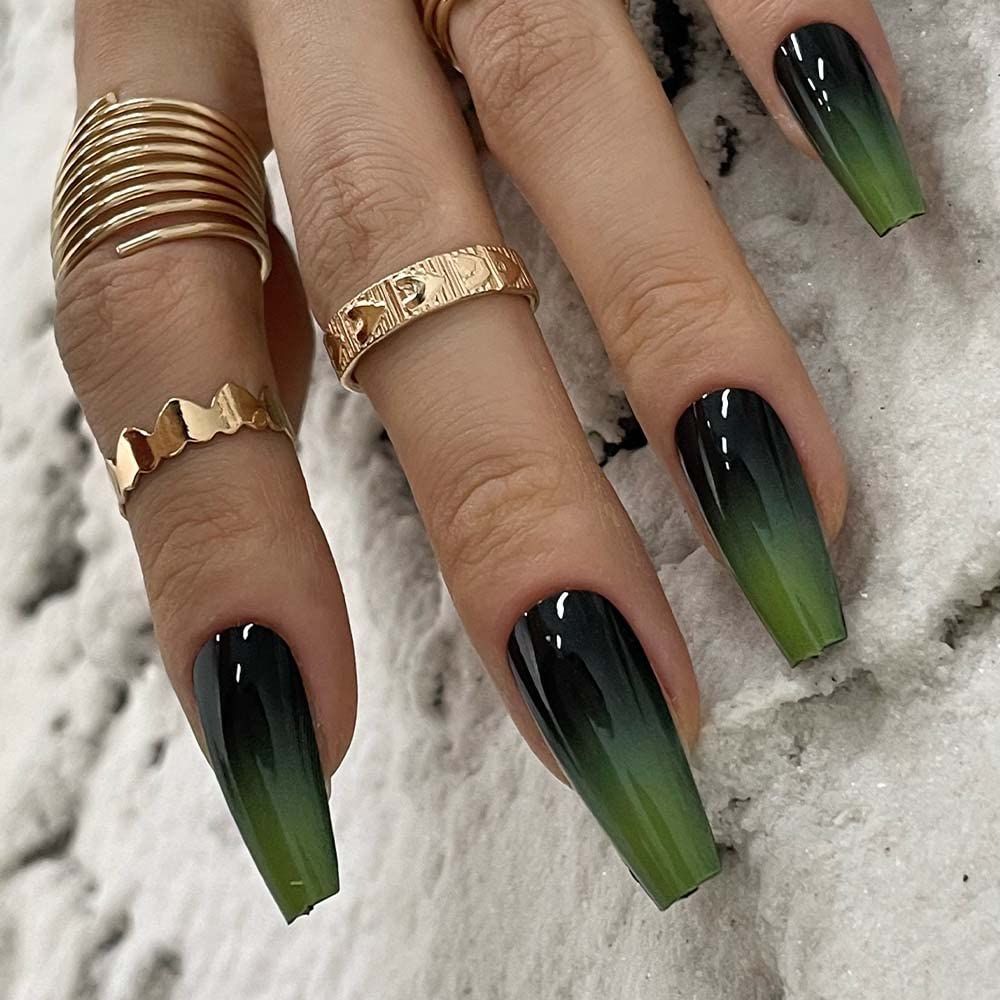 Redykat 24PCS Glossy Green Ombre Coffin Press On Nails, Salon Quality Nail art, Extra Long Acrylic Fake Nails, Witchy Nails (Green&amp;Black Ombre)