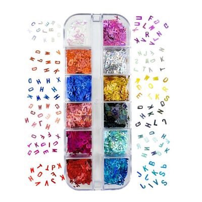 12 Colors Letter Nail Glitter Sequins 3D Holographic Alphabet Nail Flakes Designs, Letters Nail Art Sequins Supplies for Women Girls Acrylic Nails Manicure Charms Decorations DIY Shiny Letter Resin