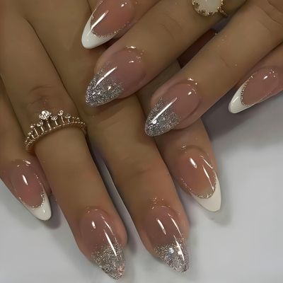 White French Tip Press on Nails with Rose Gold Glitter Designs Short Almond Shaped Fake Nails Sparkly False Nails Full Cover Glitter Cute Acrylic Nails Glossy Artificial Nails for Women Manicure 24Pcs