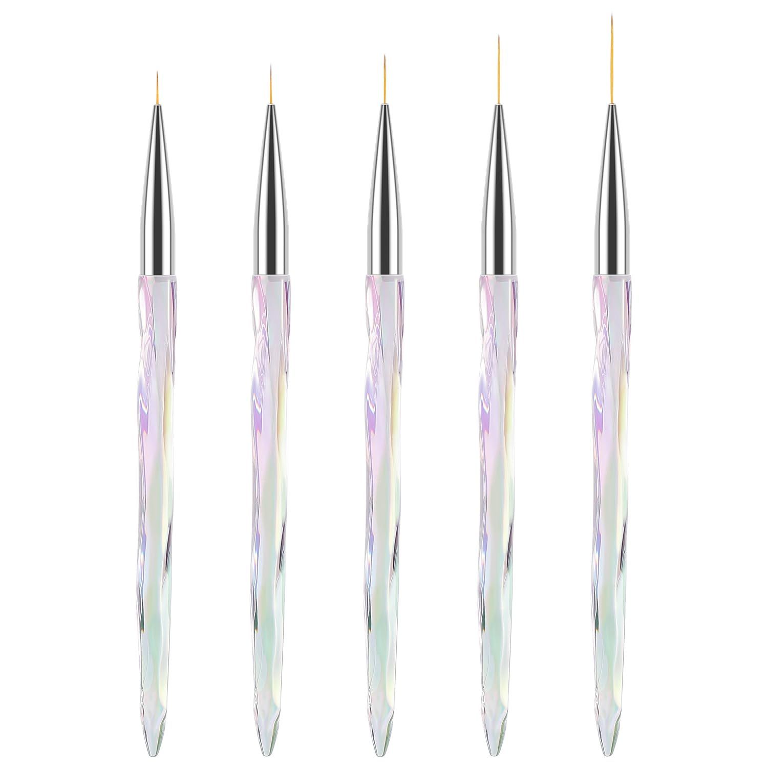 TEOYALL Nail Art Liner Brushes, Fine Line Nail Brush 7/9/11/15/20mm Thin Detail Precision Drawing Brushes for Gel Nail Polish