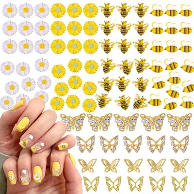 100 Pcs 3D Bee Flower Cute Nail Charms, Alloy Y2K Gold Butterfly Nail Gems Charms, Yellow Daisy Sunflower Acrylic Nail Art Charms for Nail Art Supplies Accessories