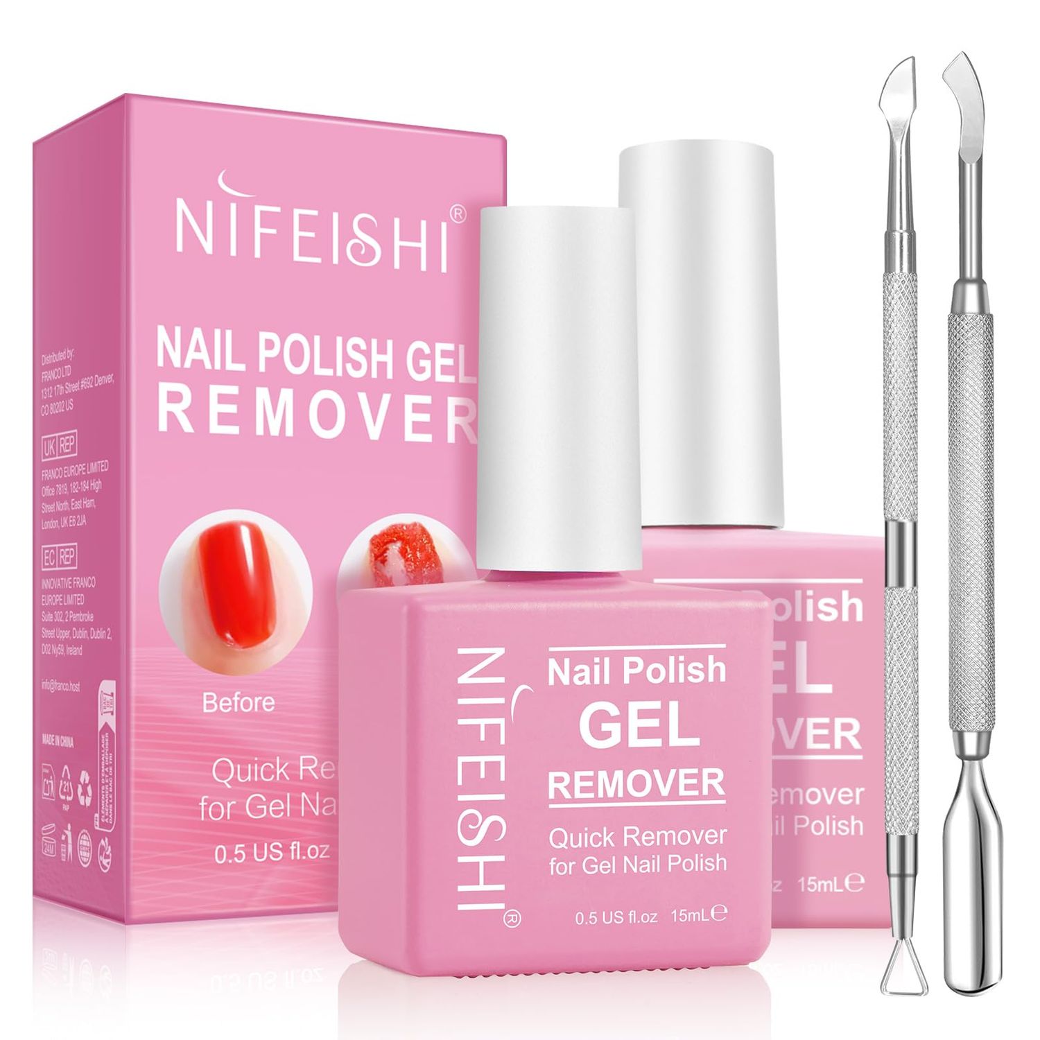 Gel Nail Polish Remover, (2PCS) Gel Polish Remover Kit, Professional Removes Soak-Off and UV Art Nail Lacquer in 3-5Mins, Dont Hurt Your Nails - 15Ml