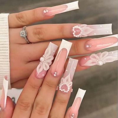 Foccna Pink Press on Nails Artificail Extra Long, French Square Fake Nails, Crystal Flowers Nails Acrylic for Women Reusable Nail Kit Adhesive Tabs Nail File 24pcs