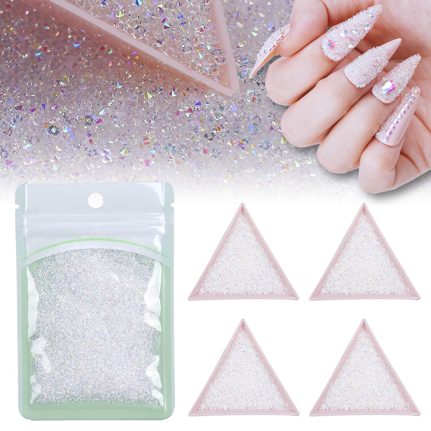 1.3mm Ultra Mini Nail Rhinestones 20000Pcs and Nail Diamonds Micro Pixie Crystals for Nails Iridescent AB Bling, Tiny Nail Gems Sugar Glitter Beads Nail Charms, 4Nail Tray(Clear AB)