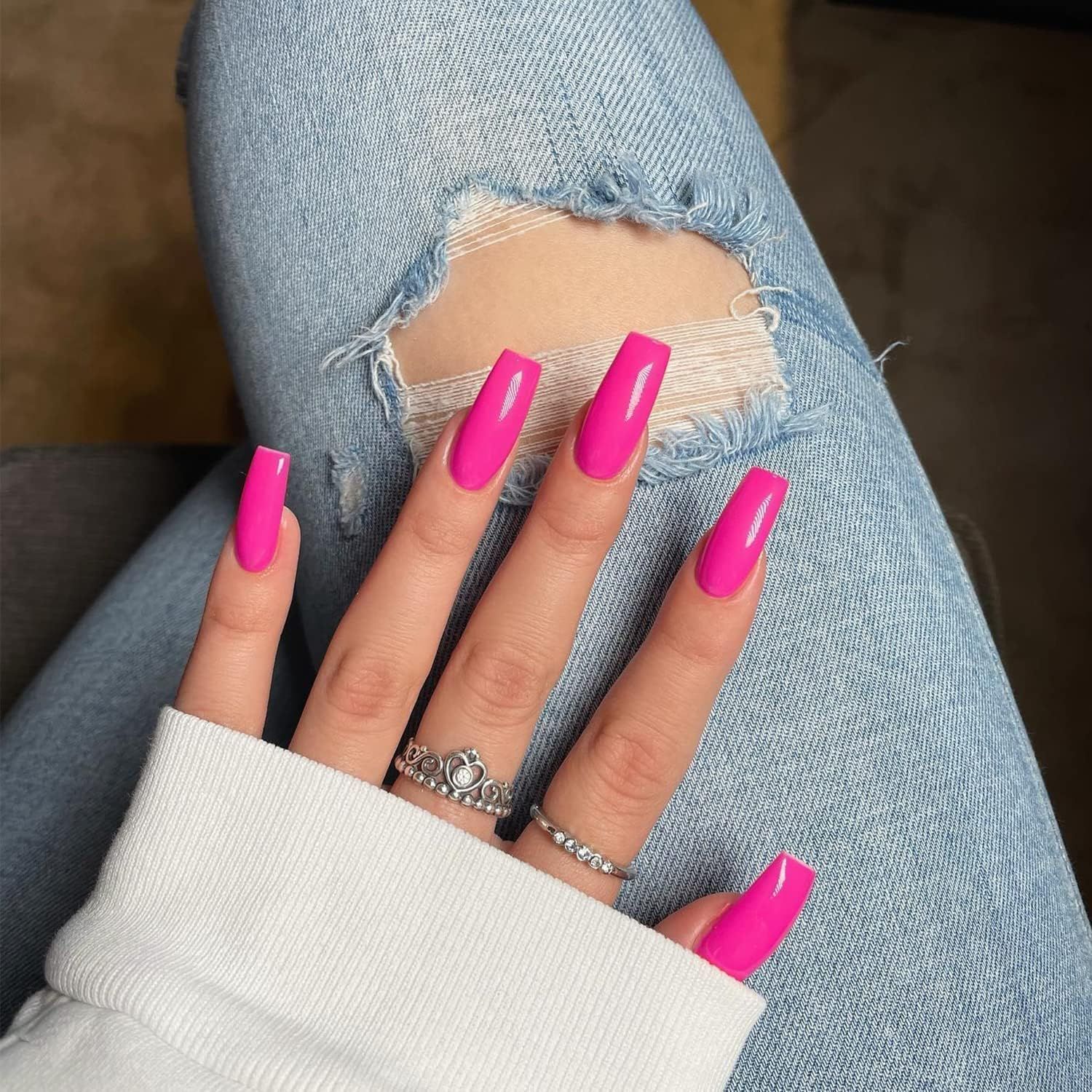 Hot Pink Press On Nails Medium Long Square, Xcreando Medium Coffin Nails Acrylic Press ons Glue on Nails Long Length, Solid Color Fake Nail for Women, Natural Thick Artificial Nail Stick on, Neon Pink