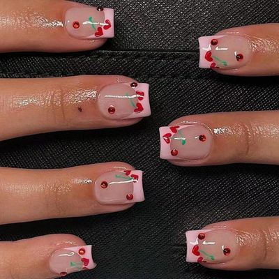 24pcs French Cherry Press-On Nails Short Square False Nails Red Cherry Heart Ruby Design Acrylic Glossy Red Rhinestone Nails for Valentines Womens Nail Decoration