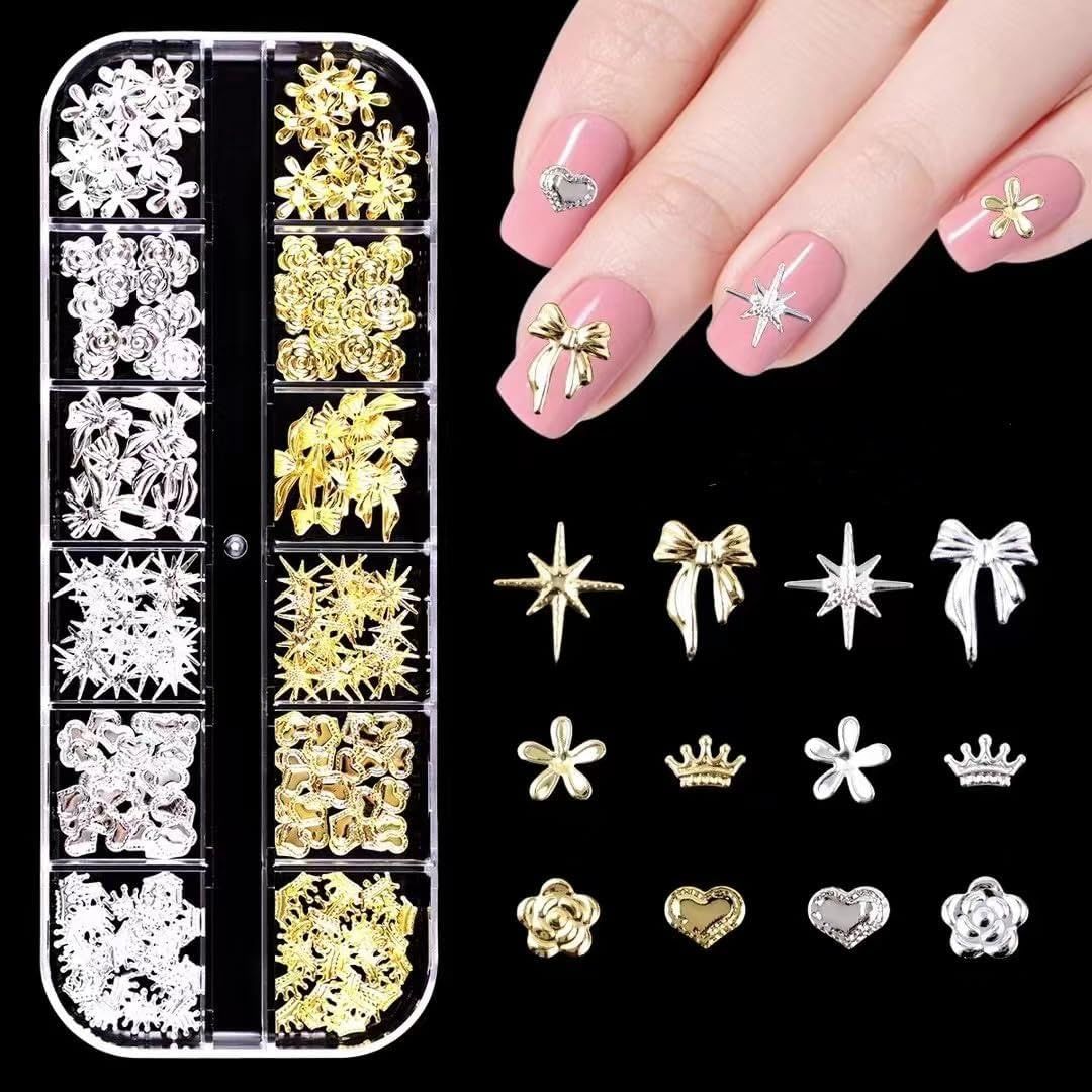 COOSLIM 150PCS Gold Bow Nail Charm 3D Silver Star Nail Bows 13 Styles Mini Alloy Bowknot Flower Diamonds Heart Gems Christmas Wedding Prom Crystal Rhinestones Decoration for Women Girls Crafts DIY