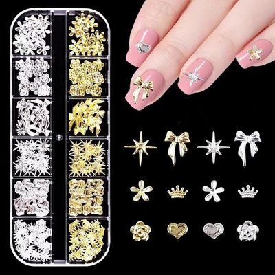 COOSLIM 150PCS Gold Bow Nail Charm 3D Silver Star Nail Bows 13 Styles Mini Alloy Bowknot Flower Diamonds Heart Gems Christmas Wedding Prom Crystal Rhinestones Decoration for Women Girls Crafts DIY