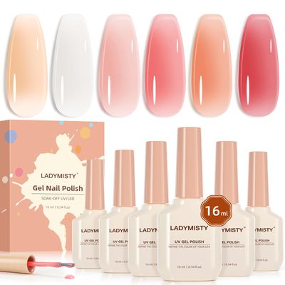 LadyMisty 6 Pcs 16 ML Jelly Nail Polish Gel Nail Polish Pink Gel Polish Set Soak Off Nail Art Manicure Salon DIY for Women (Jelly Milky White Nude Pink Orange-J7-12)