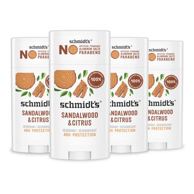 Schmidts Aluminum-Free Vegan Deodorant Sandalwood &amp; Citrus 4 Count for Women and Men, with 24 Hour Odor Protection, Natural Ingredients, Cruelty-Free, 2.65 oz