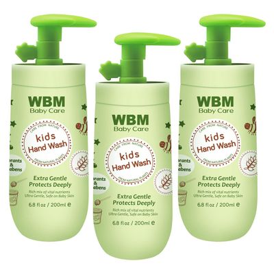 WBM Care Baby Natural Liquid Hand Soap 6.8 oz (Pack of 3) | Gentle Hand Wash with Honey, Wheatgerm &amp; Organic Olive Oil | Moisturizing, Non-Toxic, Safe for Sensitive Skin