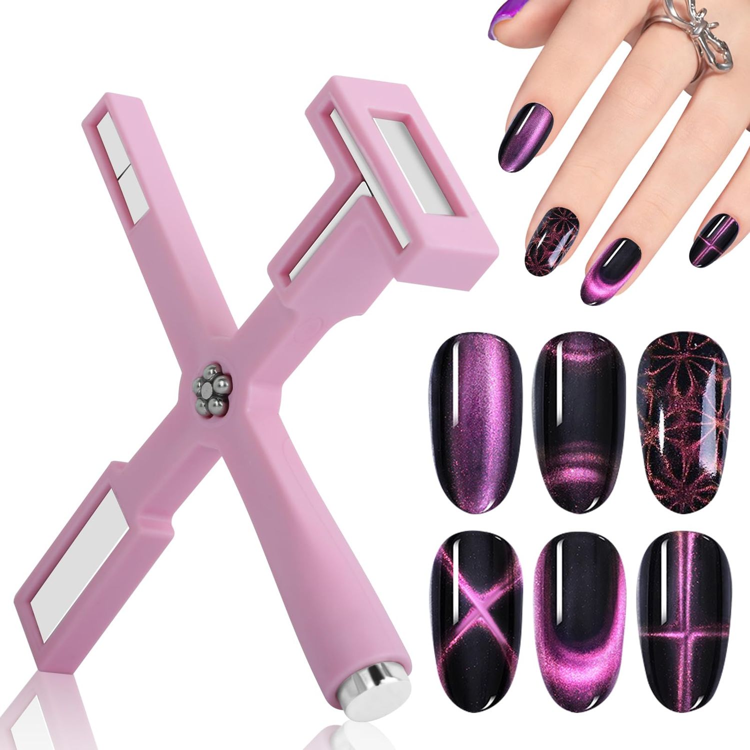 Vnjaoi Nail Magnet Set, Upgraded 5 in 1 Multi-Function Nail Magnet Pens with Silicone Protective Case, Magnetic Nail Polish Magnet Wand for Nails Cat Eye Nail Design Tools Nail Art Accessories