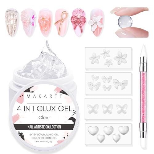Makartt Solid Gel Builder Mini Kit for 3D Scupting DIY - 15ML 4 in 1 Nail Extension Gel,4 pcs Silicone Molds,1 Sculpting Brush,UV Glue for Acrylic Nails Rhinestones Gel Molding Manicure Hard Gel Kit