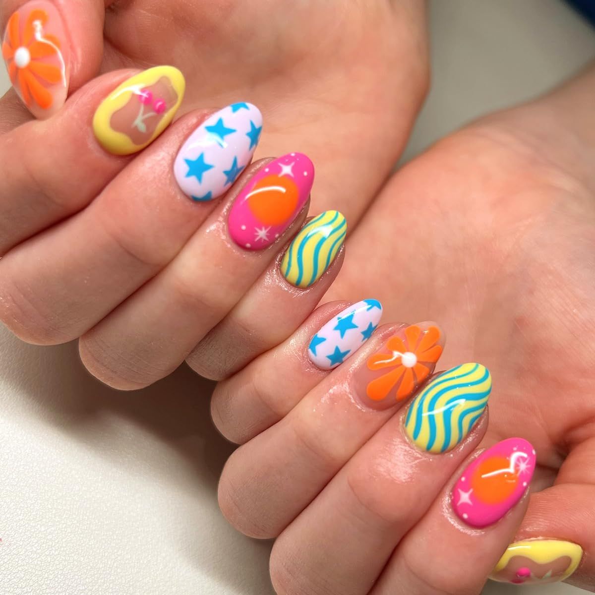 Colorful Press on Nails Short Medium Length Almond Fake Nails with Star Cherry Striped Design Cute Geometric Irregularity Acrylic Stick on Nails Summer Glossy Full Cover Glue on Nails for Women 24Pcs